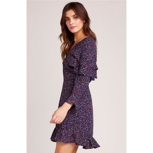 Jack by BB Dakota Dress Blue Ruffle Size 2 Mini Long Sleeve V-neck Floral Poppy